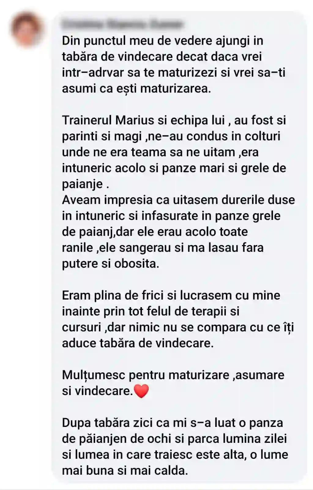 Testimonial - Tabăra de Vindecare Emoțională